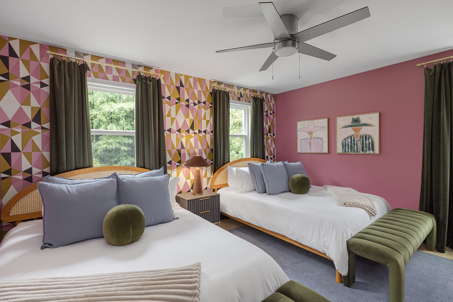 Pink bedroom with two queen beds